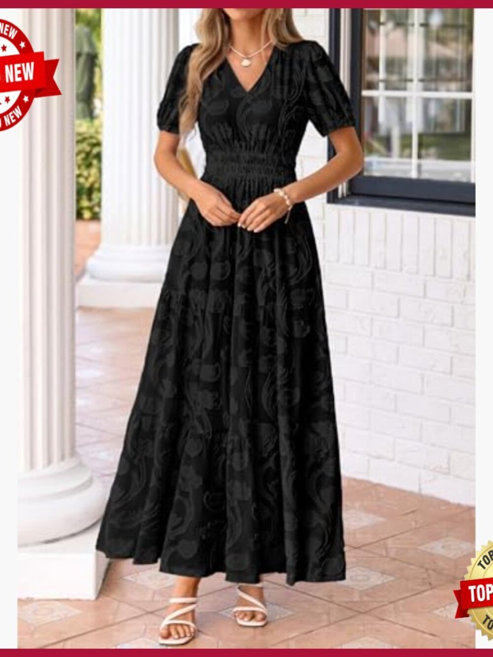 Boho Maxi Dress V-Neck Short Sleeve Elastic Waist Floral Long Casual - Picture 6 of 7